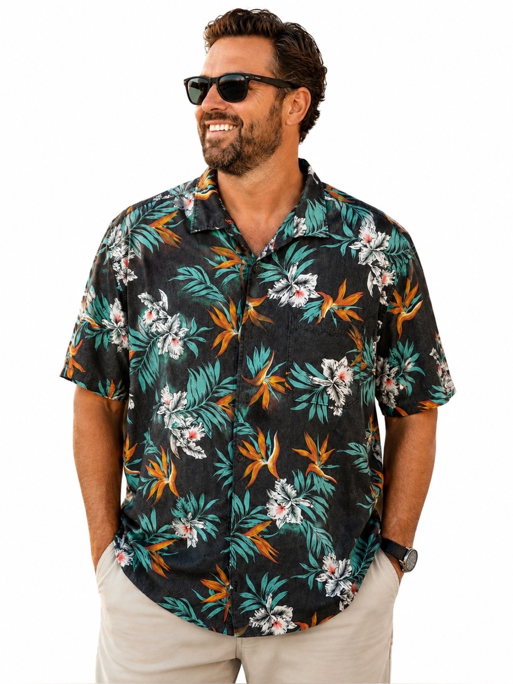 Jack O'Neill Black Tropical Floral Button-Down Shirt with Teal & Orange Accents